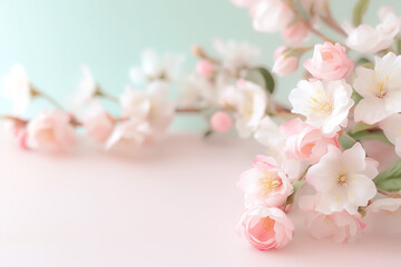 Poster - Soft pastel flowers gracefully cascade in an elegant arrangement, evoking feelings of calmness and beauty against a subtle background, perfect for a serene ambiance