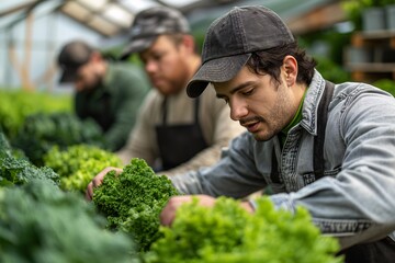 Two farmers carefully tend to rows of vibrant green lettuce in a well-lit greenhouse, showcasing their dedication to sustainable agriculture during the spring season