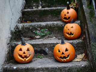 Wall Mural - halloween pumpkins on concrete steps
