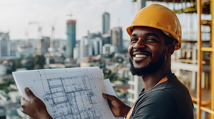 Young worker with construction helmet smiling holding a blueprint