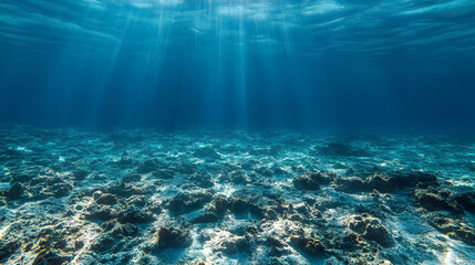 Wall Mural - empty underwater ocean bottom background with copy space: an underwater view of the ocean floor with
