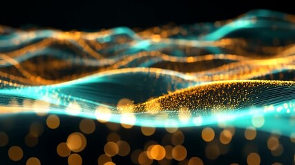 Poster - Abstract animation of golden particles flowing seamlessly on turquoise waves with depth of field and bokeh effects. Perfect for any project that needs a touch of elegance and sophistication