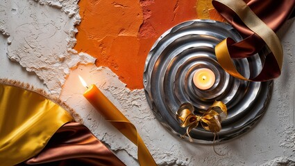 Sticker - Burning candle and golden ribbon on a textured background.