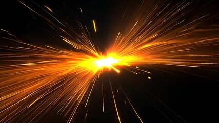 Poster - Golden rays of light expanding from a central bright light on a black background. Perfect for projects requiring a concept of energy, power or explosion