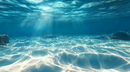 Wall Mural - empty underwater ocean bottom background with copy space: an underwater view of the ocean floor with