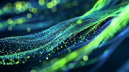 Poster - Abstract particles flowing and creating a wavy pattern with a depth of field effect. Ideal for technology, science and communication related projects