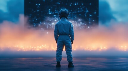 Wall Mural - astronaut in futuristic space suit looking at glowing night sky