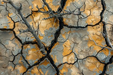 Poster - The landscape reveals barren cracked earth with dead trees, emphasizing the severe effects of drought and water scarcity. Generative AI