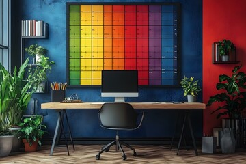Wall Mural - a desk with a computer and a calendar on the wall

