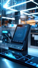 Poster - Modern point of sale device displayed in a futuristic setting with vibrant lights and digital elements.