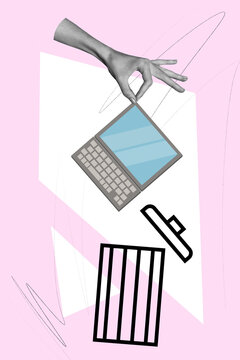 Vertical abstract creative artwork template collage of arm throwing trash bin obsolete device isolated painting background