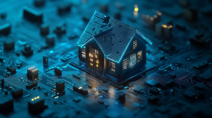 close-up of a futuristic smart home glowing in a soft blue light, surrounded by a circuit board background, representing advanced technology and automation