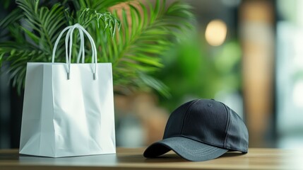 shopping bag and baseball cap on wooden table