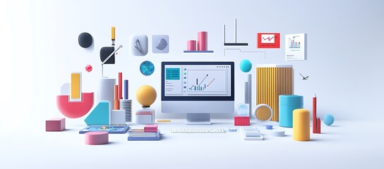 Poster - Colorful 3D Geometric Shapes and Charts Surrounding a Computer Monitor