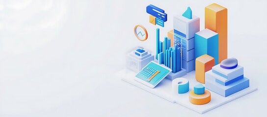 Poster - 3D Abstract Cityscape of Colorful Geometric Shapes and Data Visualizations