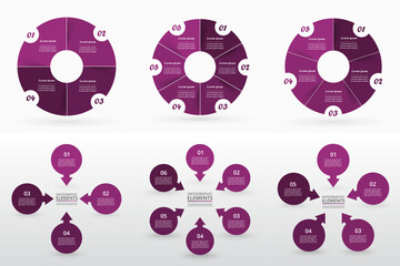 Set of circle infographic elements with 4, 5 and 6 options or steps.