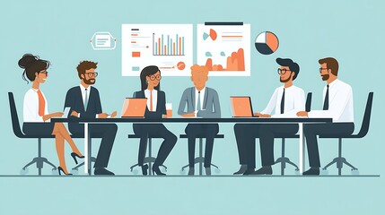 Poster - Business professionals in a meeting discussing graphs and charts.