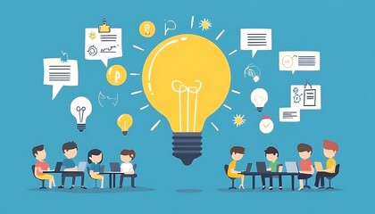 Poster - People collaborating under a large lightbulb with various ideas surrounding them.