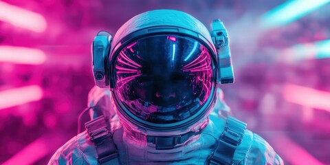 Wall Mural - Astronaut in vibrant spacesuit exploring futuristic landscape