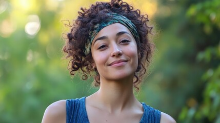 Smiling woman with curly hair and headband in nature