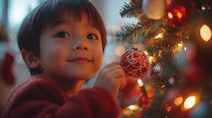 Asian boy joyfully decorating a Christmas tree with a red ornament during the festive season