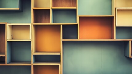 Poster - Empty Wooden Shelves in a Geometric Pattern Against a Green Wall