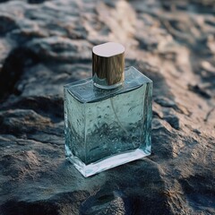 Elegant glass perfume bottle on rocky surface