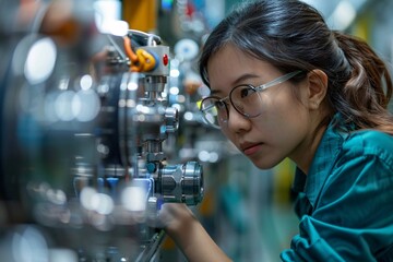 A young woman with glasses focuses intently on intricate machinery in a busy workshop, highlighting her technical skills and attention to detail. The setting is vibrant with various equipment