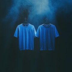 two blue t-shirts hanging on hangers