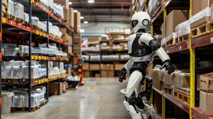 Humanoid robot working in a modern warehouse. A humanoid robot navigates through a warehouse filled with boxes and shelves,  advanced automation and robotics in logistics and inventory management