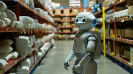 Humanoid robot working in a modern warehouse. A humanoid robot navigates through a warehouse filled with boxes and shelves,  advanced automation and robotics in logistics and inventory management