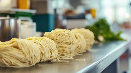 Freshly Made Egg Noodles, a Close-Up View of a Delectable Asian Cuisine Staple, Ready for Cooking