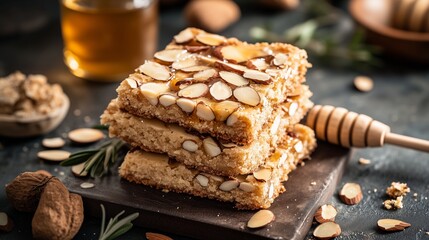 Wall Mural - Delicious almond dessert squares stacked on a black stone plate with honey drizzles and almonds in an indoor kitchen setting