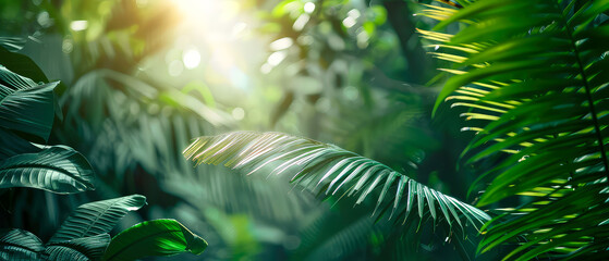 Close up of tropical palm leaves with warm sunlight at jungle forest. Green foliage botanical natural background. Rainforest. Exotic wallpaper. Generative ai