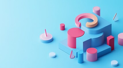 Poster - Abstract 3D Composition of Geometric Shapes with Pastel Colors on a Light Blue Background