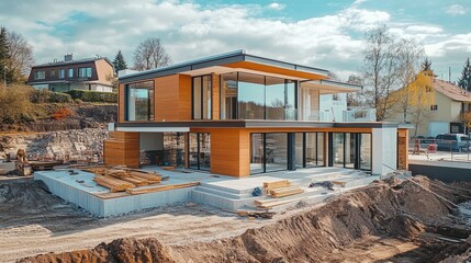 Poster - Construction of a modern house using prefabricated elements, heavy equipment and materials on-site