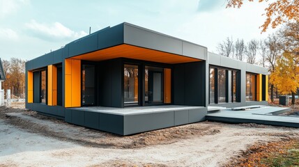 Poster - Construction of a modern house using prefabricated elements, heavy equipment and materials on-site