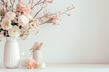 Wall Mural - A stunning display of soft pastel flowers elegantly arranged in a white vase rests against a clean backdrop, radiating peace and natural beauty