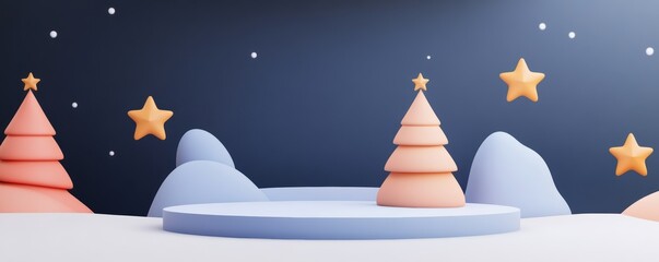 Wall Mural - abstract christmas tree and star icons forming a festive pattern around a sleek podium platform in a