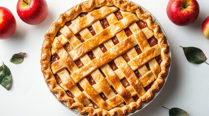 A freshly baked apple pie is showcased, surrounded by red apples and green leaves, This warm, inviting image is perfect for recipes, baking blogs, or autumn-themed promotions,