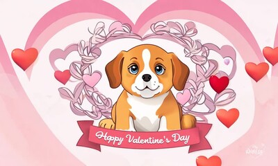 Wall Mural - Cute puppy with heart decorations and a Happy Valentine's Day message in a sweet and playful illustration