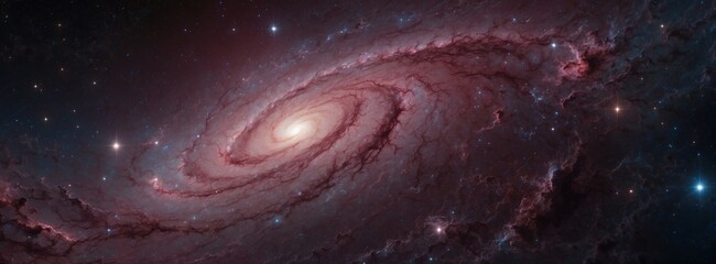 Wall Mural - A spiral galaxy with a bright star in the center. The galaxy is filled with stars and has a red hue