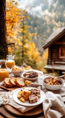 Poster - A wooden table topped with plates of food