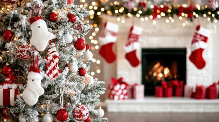 Wall Mural - A decorated christmas tree in front of a fireplace