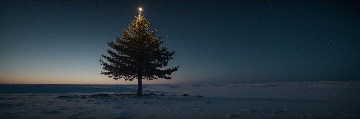 Wall Mural - a small tree with a star on top of it. the tree is in the snow. the sky is dark and the stars are vi