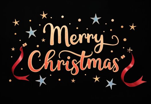 Merry Christmas sign with stars and ribbon on black background