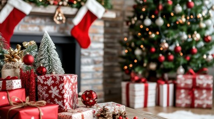 Sticker - A table topped with lots of presents next to a christmas tree