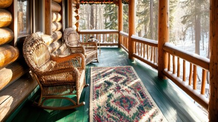 Wall Mural - A rocking chair on the porch of a log cabin