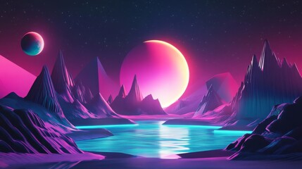 Fototapete - A vibrant, otherworldly landscape featuring mountains, a glowing lake, and celestial bodies in a surreal, neon color palette.