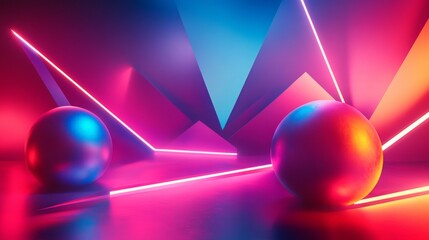 Aufkleber - A vibrant, abstract composition featuring geometric shapes, glowing spheres, and neon lighting in blue and pink hues.